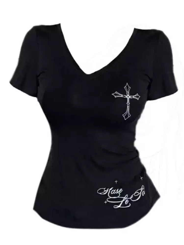 American V Neck Black Short Sleeve Slim Fit Top for Women