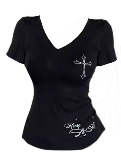 American V Neck Black Short Sleeve Slim Fit Top for Women