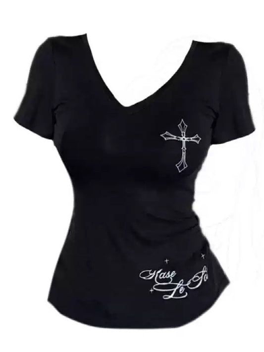 American V Neck Black Short Sleeve Slim Fit Top for Women