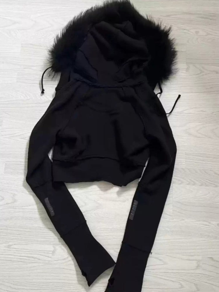 Retro Black Fur Collar Hooded Jacket
