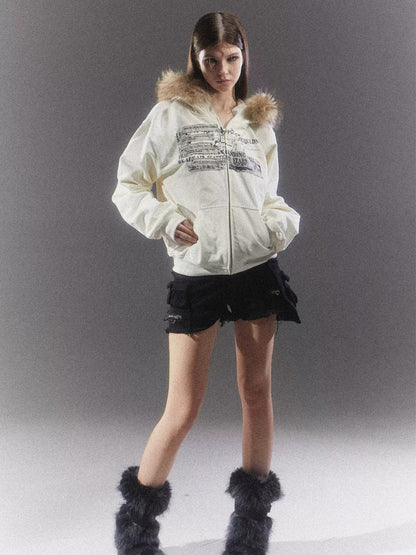 White Fur Collar Graphic Sweatshirt