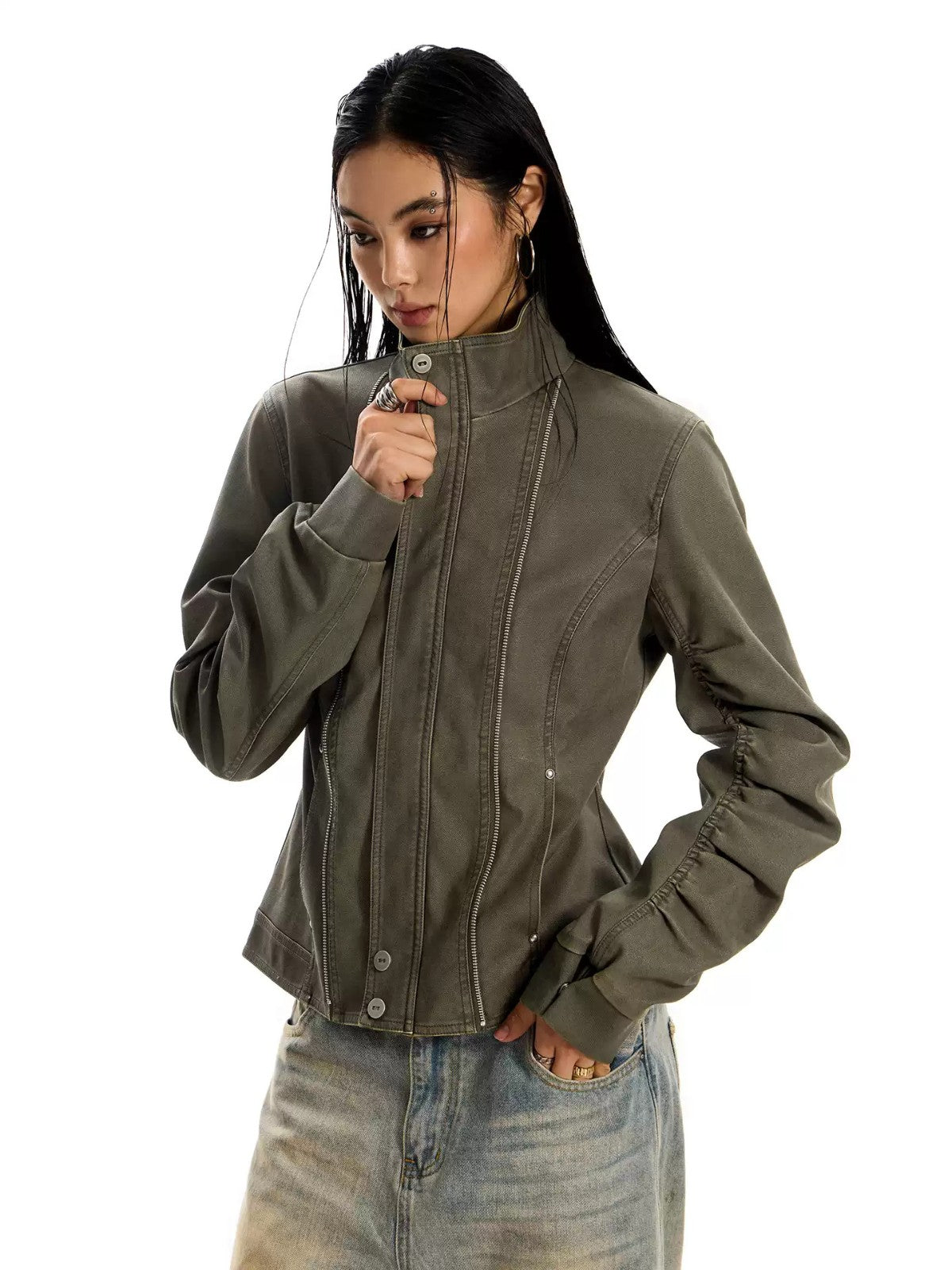 Distressed Slim Fit Motorcycle Jacket