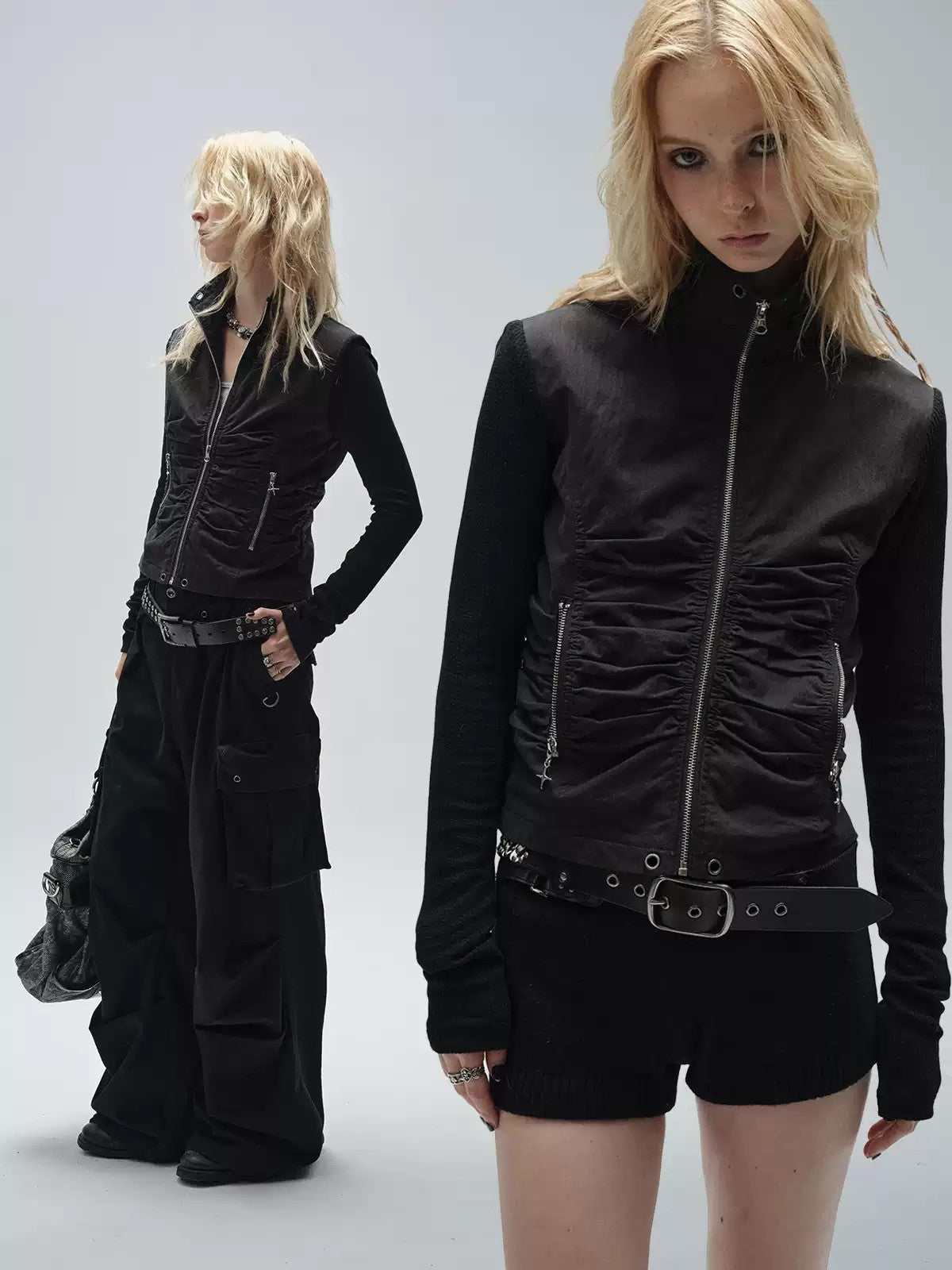Black Pleated Slim Punk Zipper Jacket