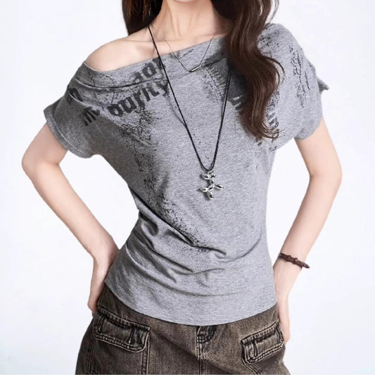 Grey Off-Shoulder Graphic Tee
