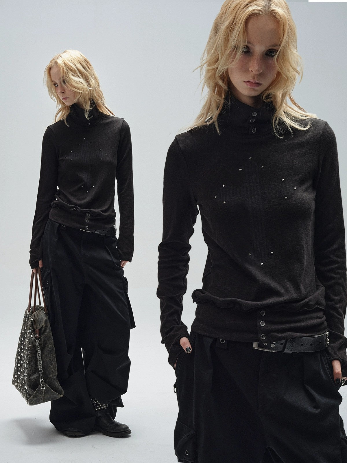 High Collar Punk Diamond Detail Top