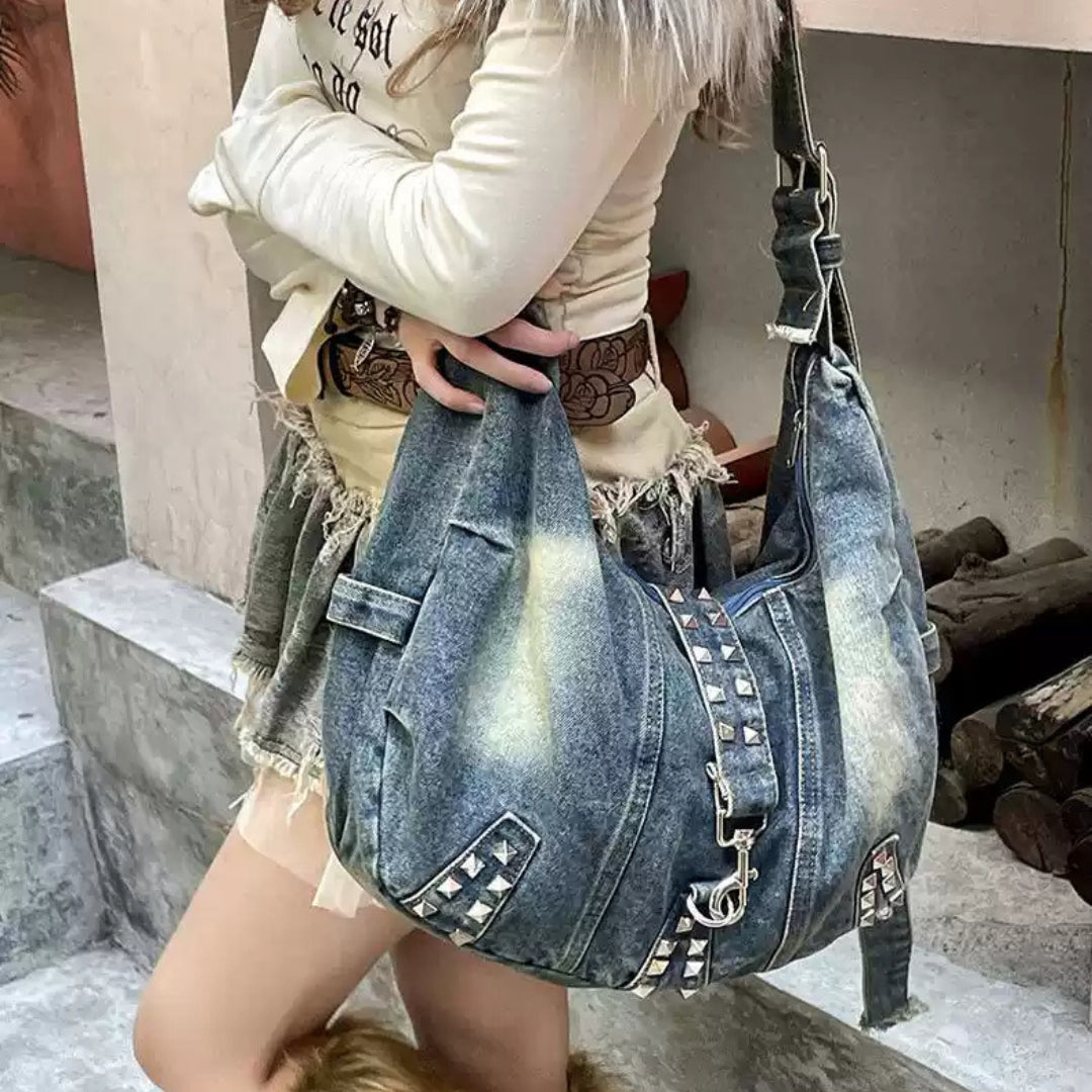 Studded Denim Shoulder Bag