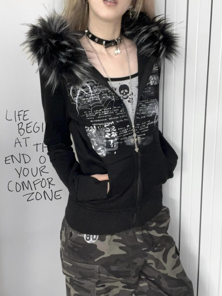Y2K Punk Spider Print Slim-Fit Hooded Jacket