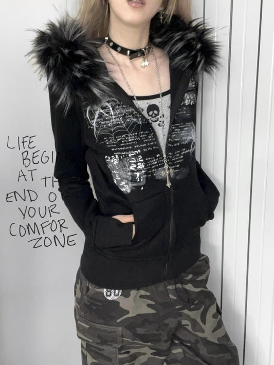 Y2K Punk Spider Print Slim-Fit Hooded Jacket
