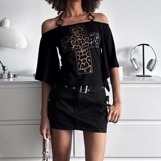 One-Shoulder Leopard Cross Bat Sleeve Top