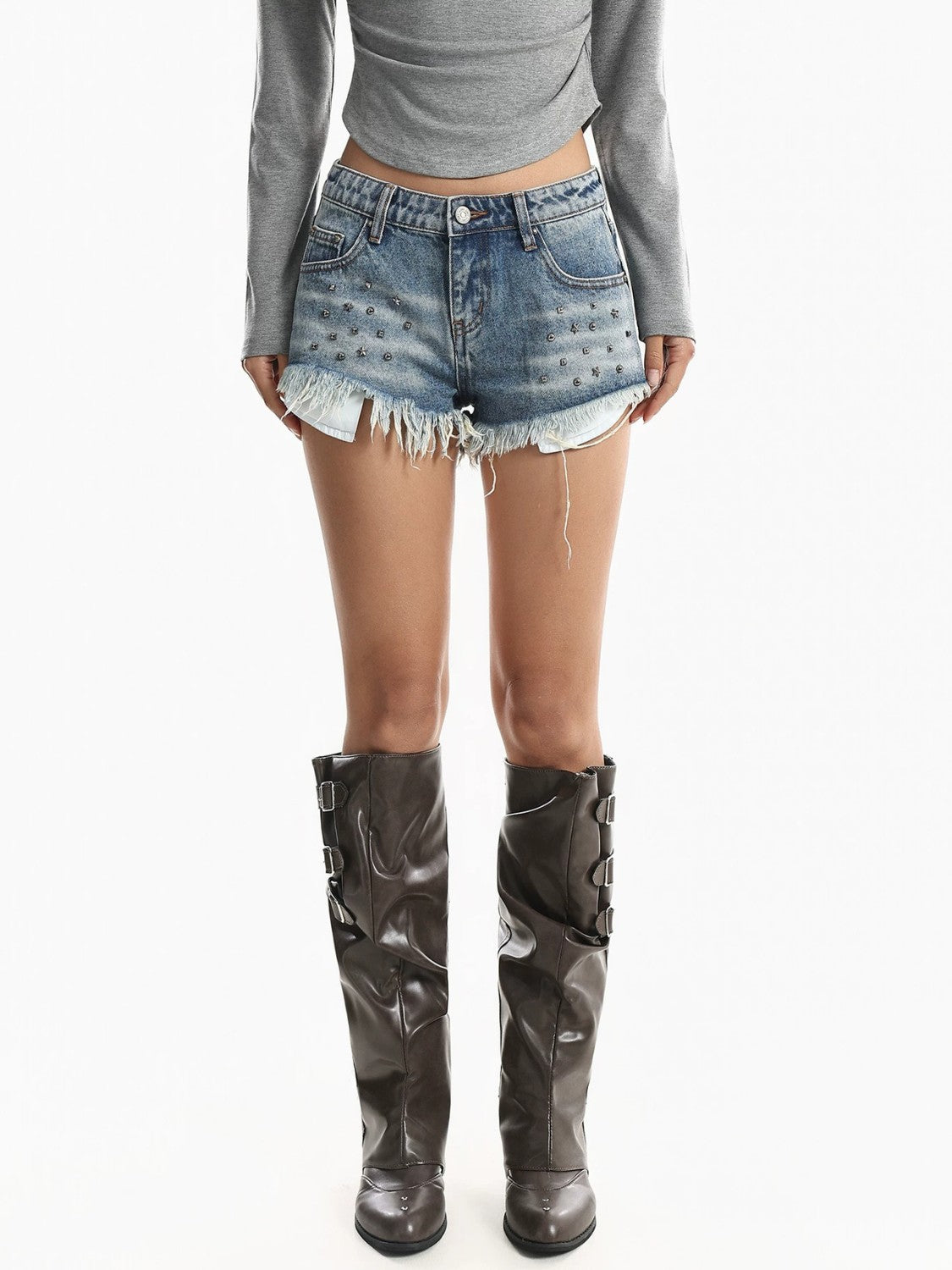 Studded Frayed Denim Shorts