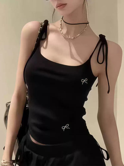 Black Bow Embroidered Camisole Vest for Women