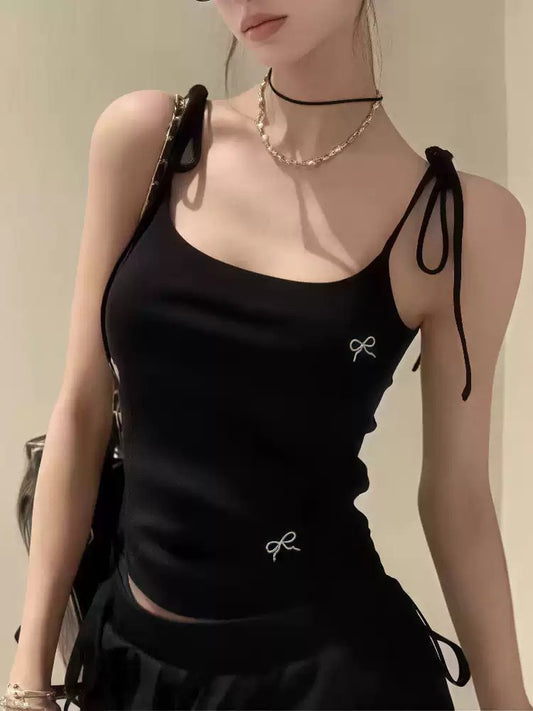 Black Bow Embroidered Camisole Vest for Women