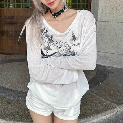 Gothic Print Off-Shoulder Long Sleeve Top