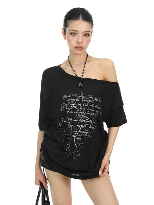 Rhinestone Cross Off-Shoulder Tee