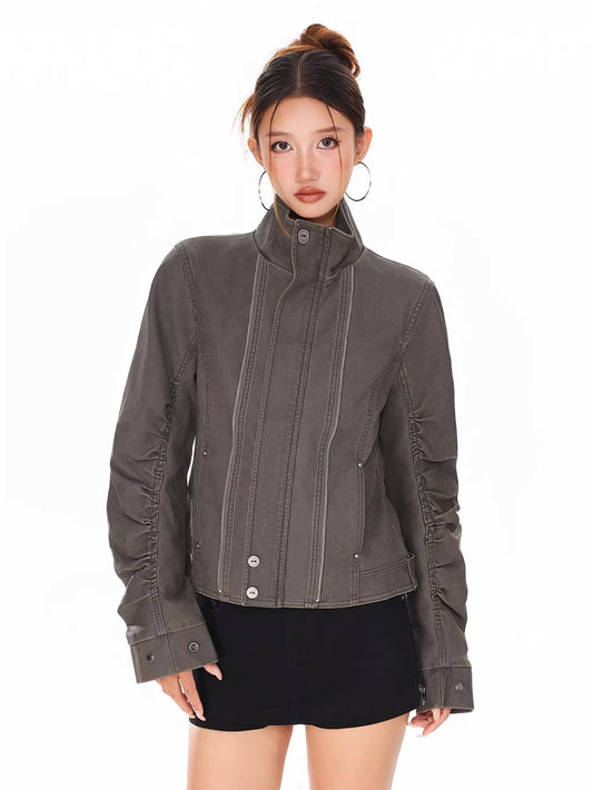 Stand Collar Moto Style Jacket