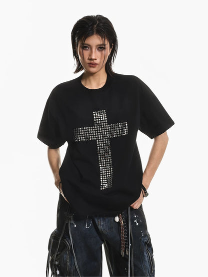 Studded Cross Oversized Punk T-Shirt
