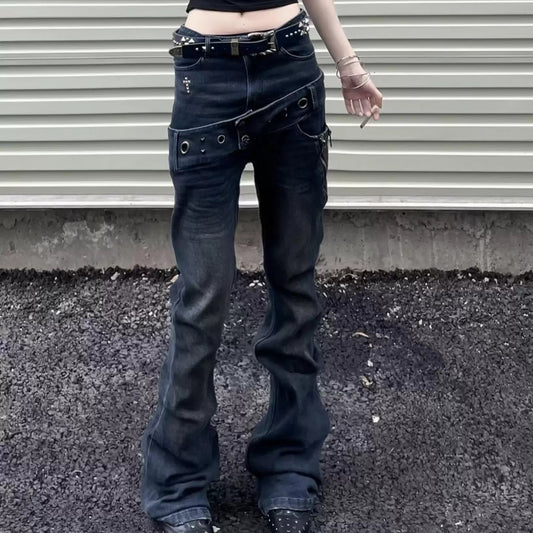 Layered Waist Grommet Flare Jeans