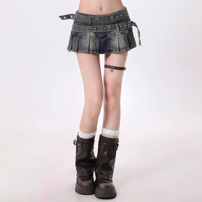 Retro Washed Denim Pleated Skirt with Belt Design