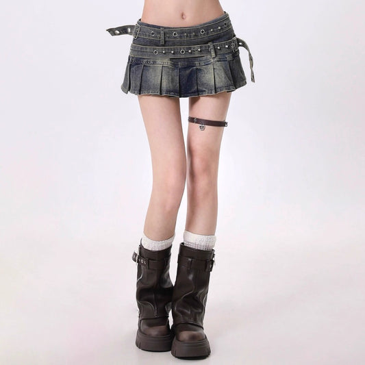 Retro Washed Denim Pleated Skirt with Belt Design