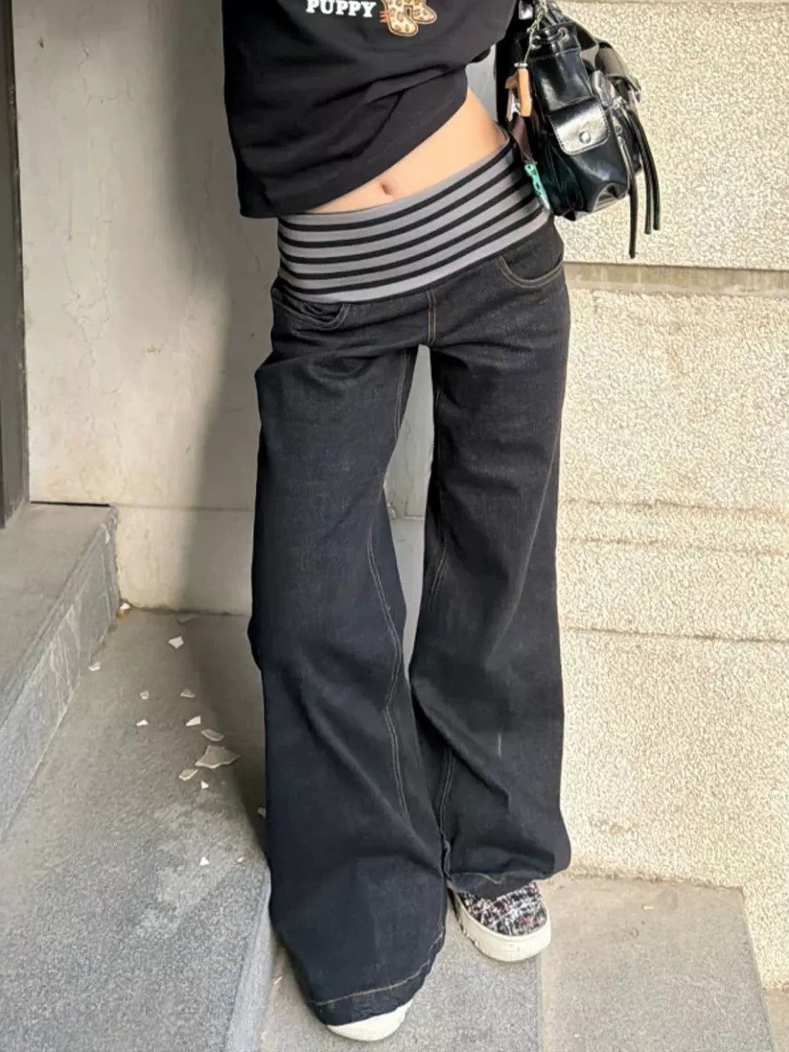 Striped Waist Wide Jeans