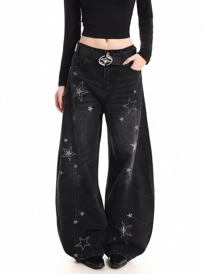 Star Print Distressed Wide Jeans