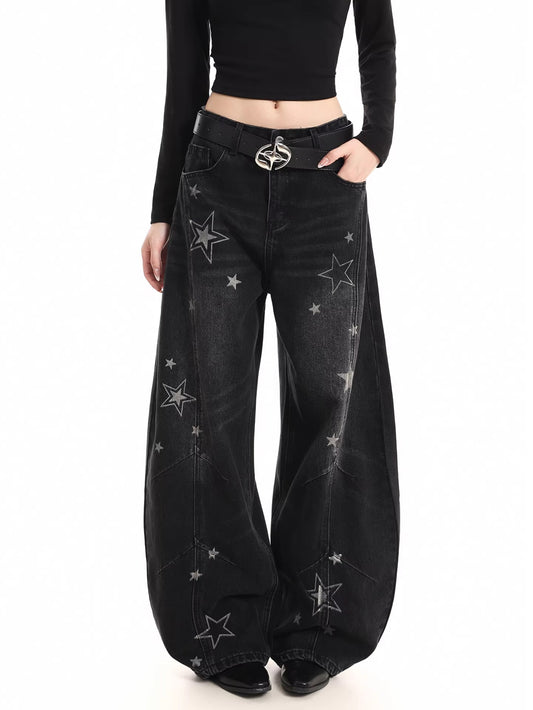 Star Print Distressed Wide Jeans