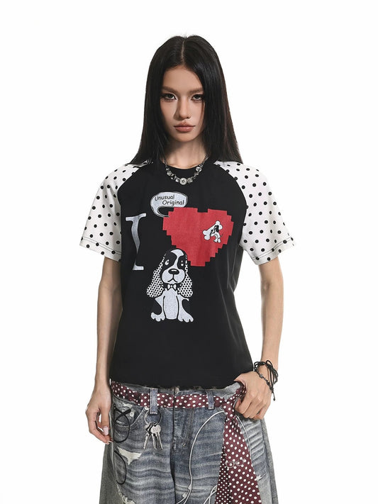 Retro Puppy Print Color Block T-Shirt