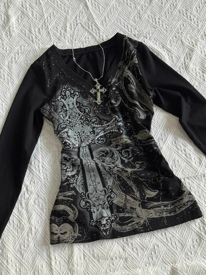 Black V-Neck Printed Long Sleeve Top