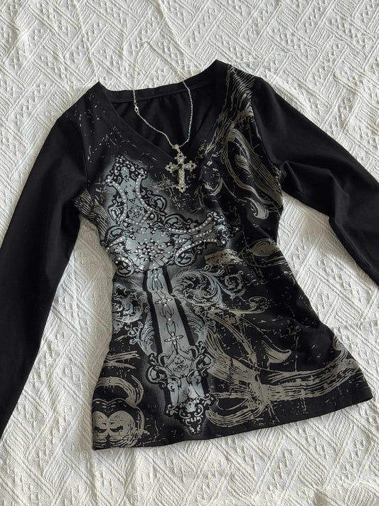 Black V-Neck Printed Long Sleeve Top