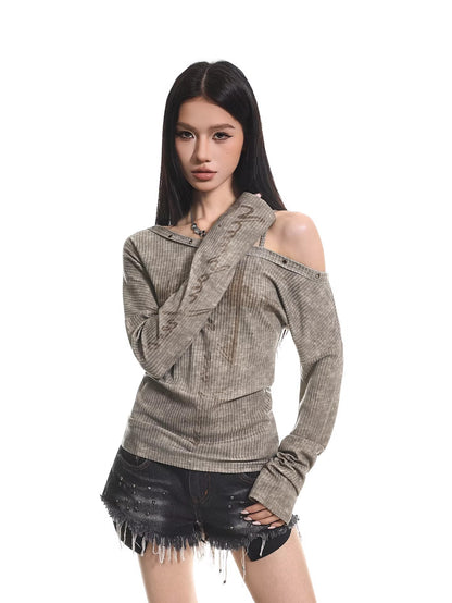 Distressed Off Shoulder Slim Top