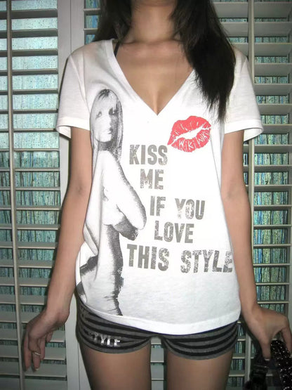 Red Lips Graphic V-Neck Tee