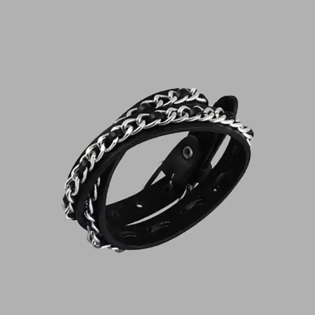 Edgy Double-Wrap Chain & Leather Bracelet