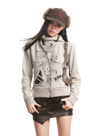 Retro Hooded Zipper Short Jacket