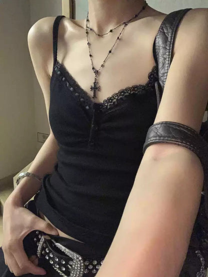Black Slim Lace Spaghetti Strap Vest for Women