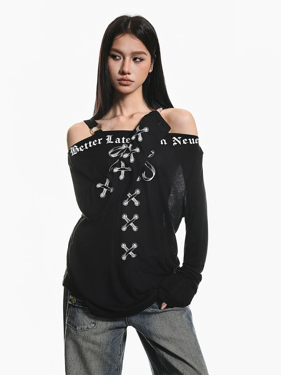 American Retro Off-Shoulder Long Sleeve Top