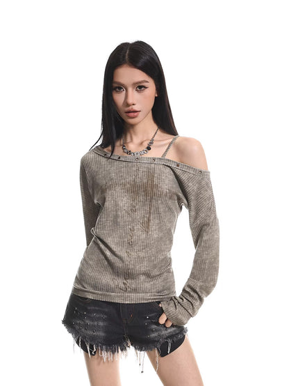 Distressed Off Shoulder Slim Top