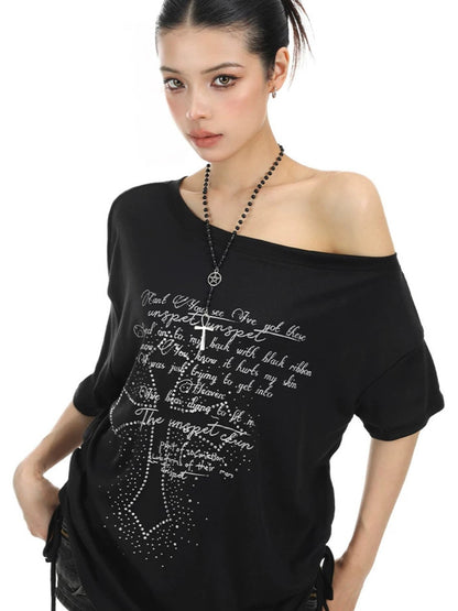 Rhinestone Cross Off-Shoulder Tee