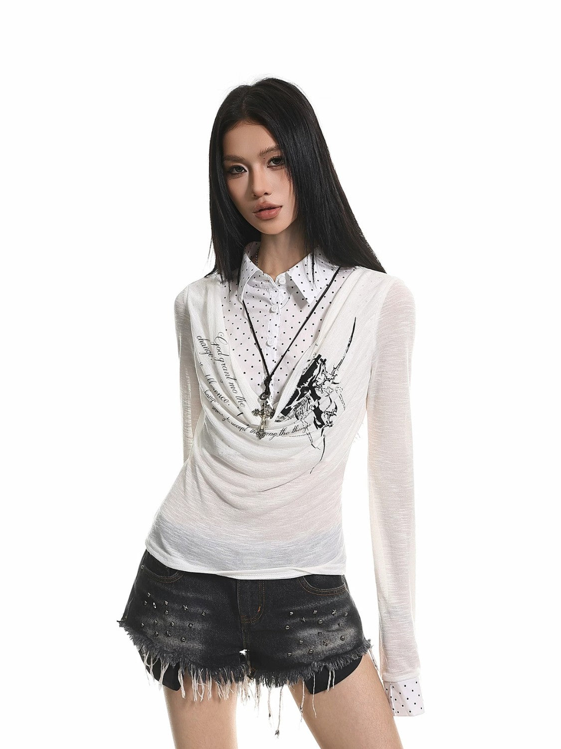 American Retro Faux Two-Piece Long Sleeve Top