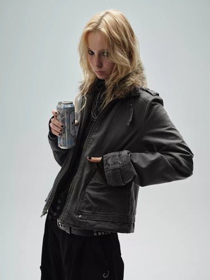 Sand Washed Punk Fur Collar Jacket