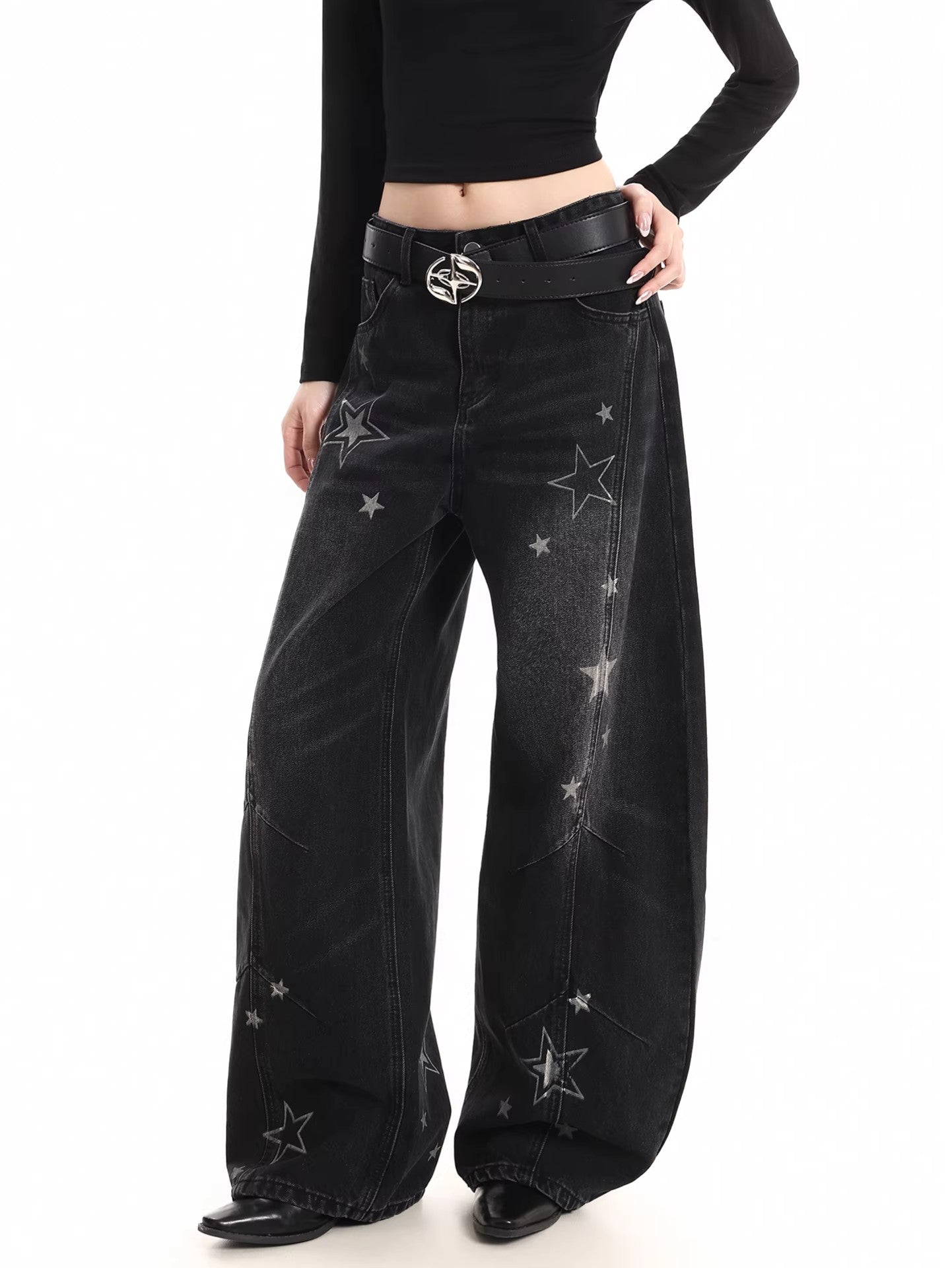 Star Print Distressed Wide Jeans