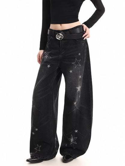 Star Print Distressed Wide Jeans