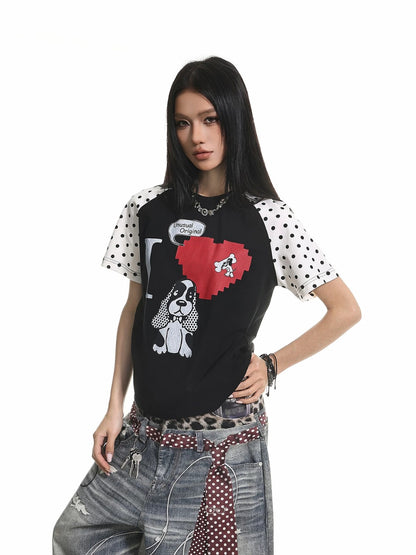 Retro Puppy Print Color Block T-Shirt
