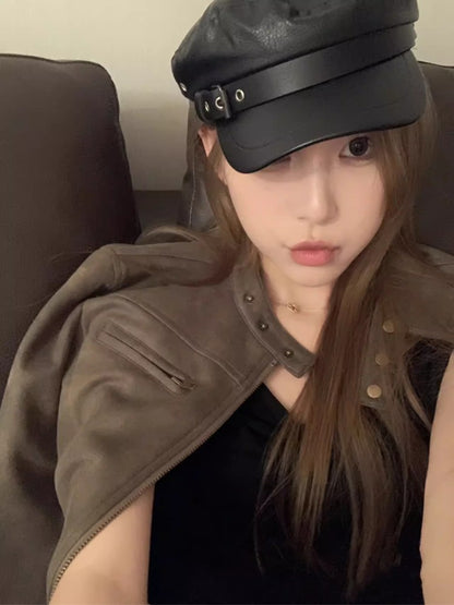Leather Buckle Flat Top Beret