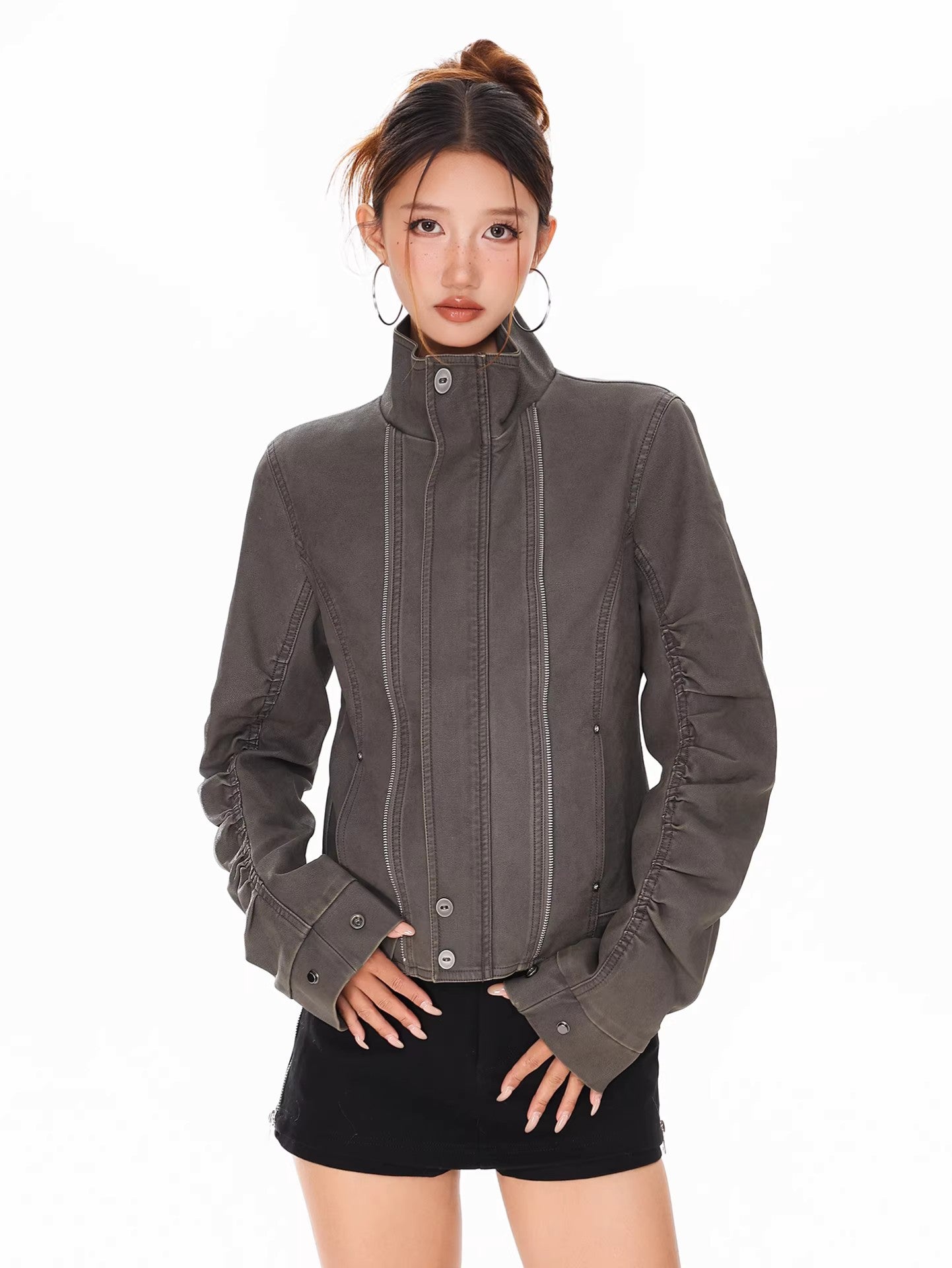 Stand Collar Moto Style Jacket
