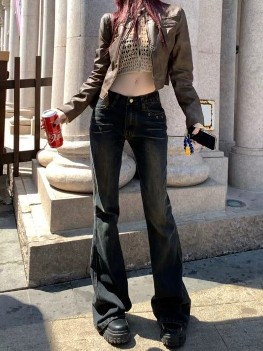 Retro Washed Low Waist Flared Jeans for Women