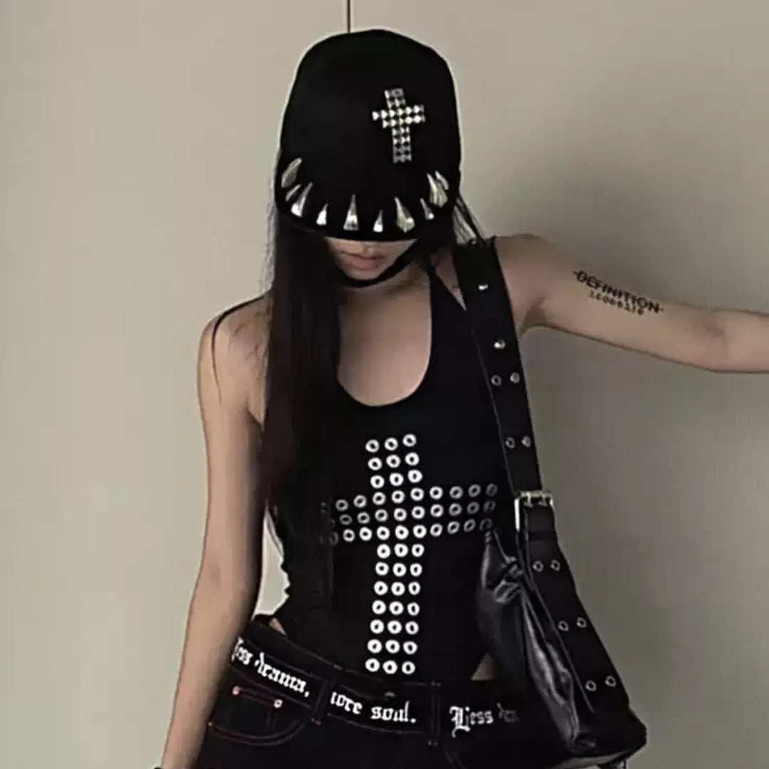 "Divine Rebellion" Cross Grommet Halter Top