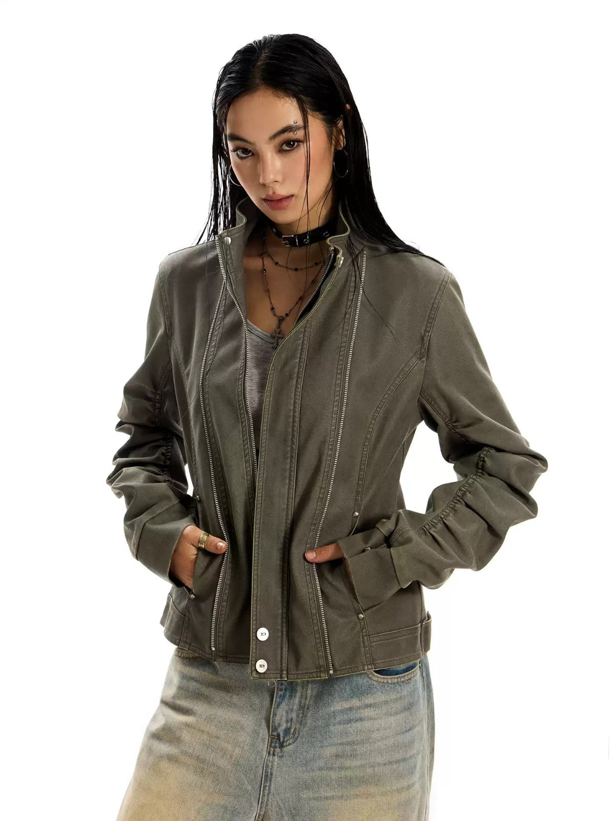 Distressed Slim Fit Motorcycle Jacket