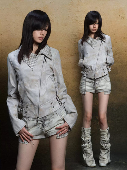 Asymmetrical Collar Distressed PU Jacket