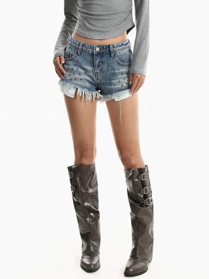 Studded Frayed Denim Shorts