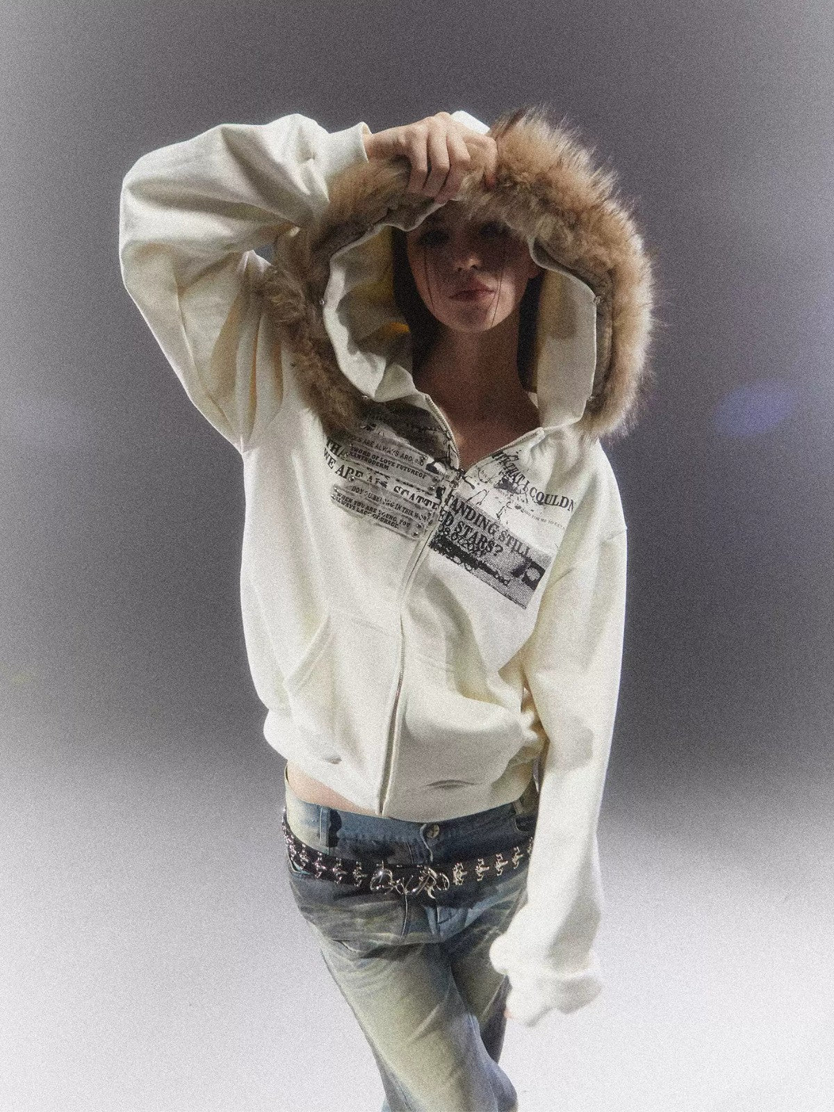 White Fur Collar Graphic Sweatshirt